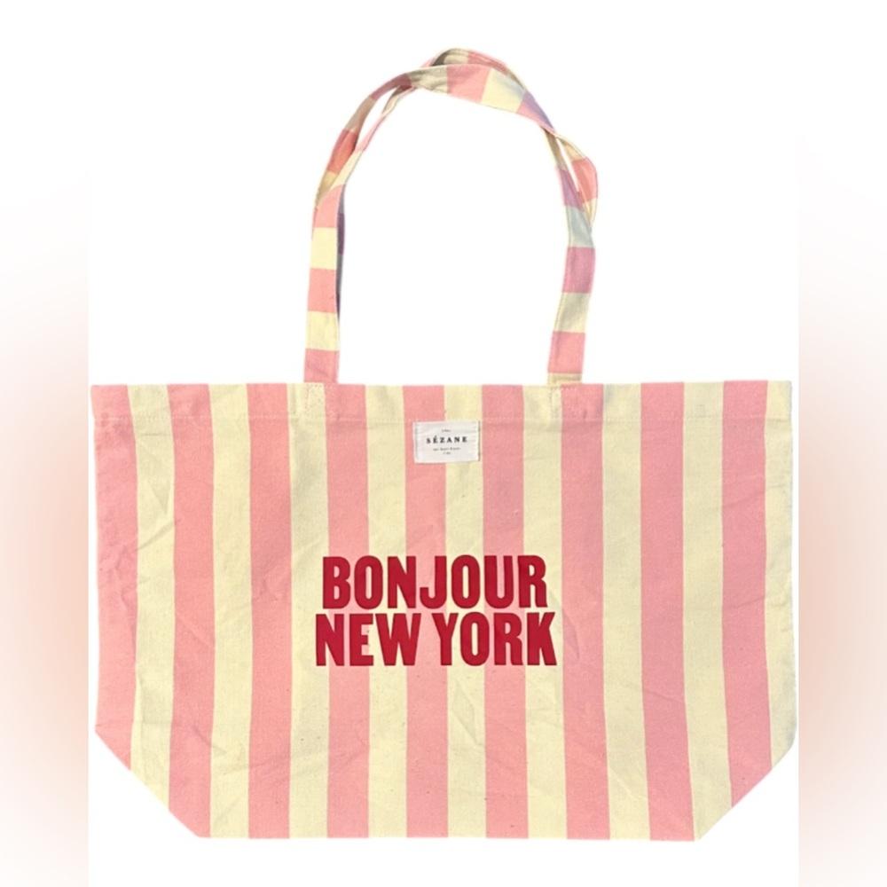 Sezane Paris Bonjour New York Tote Pink Stripe Bag